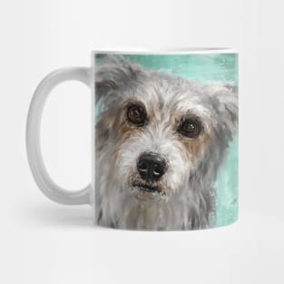 Painting of a Cute Hairy Dog, Looking Directly at You, Turquoise Background Mug